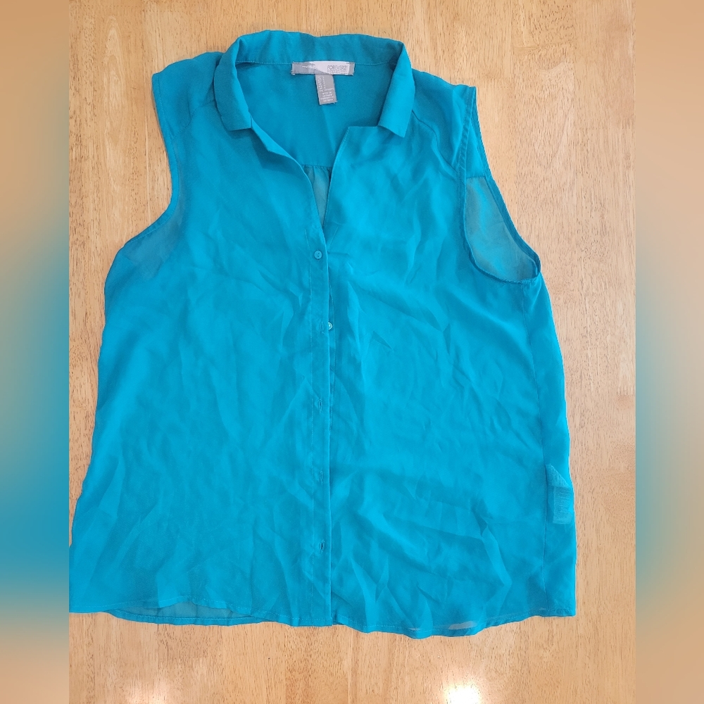 EUC Forever 21 sheer poplin collared blouse blue teal